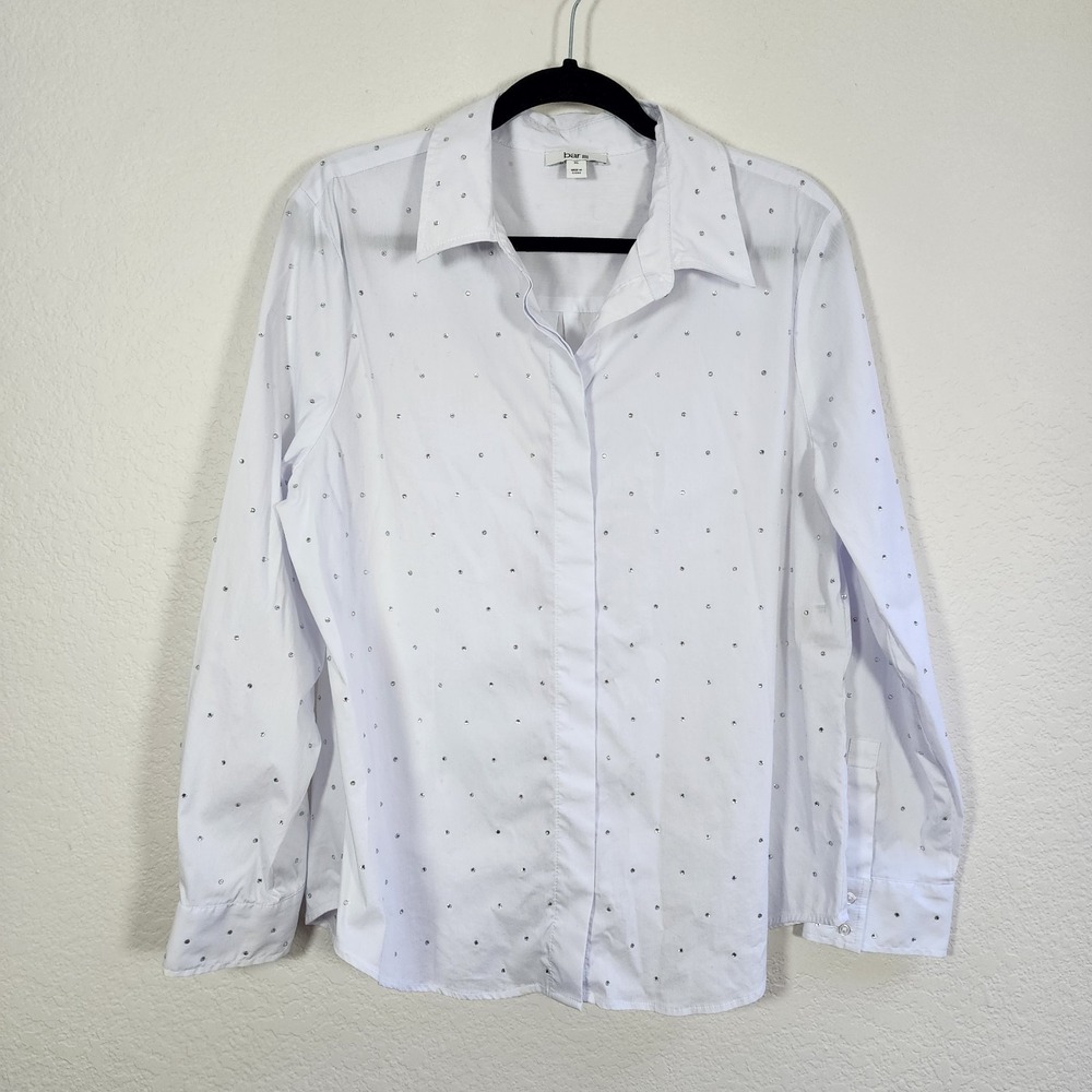 Bar III Women's Rhinestone Studded Shirt White Sz XL Long Sleeve Button Up